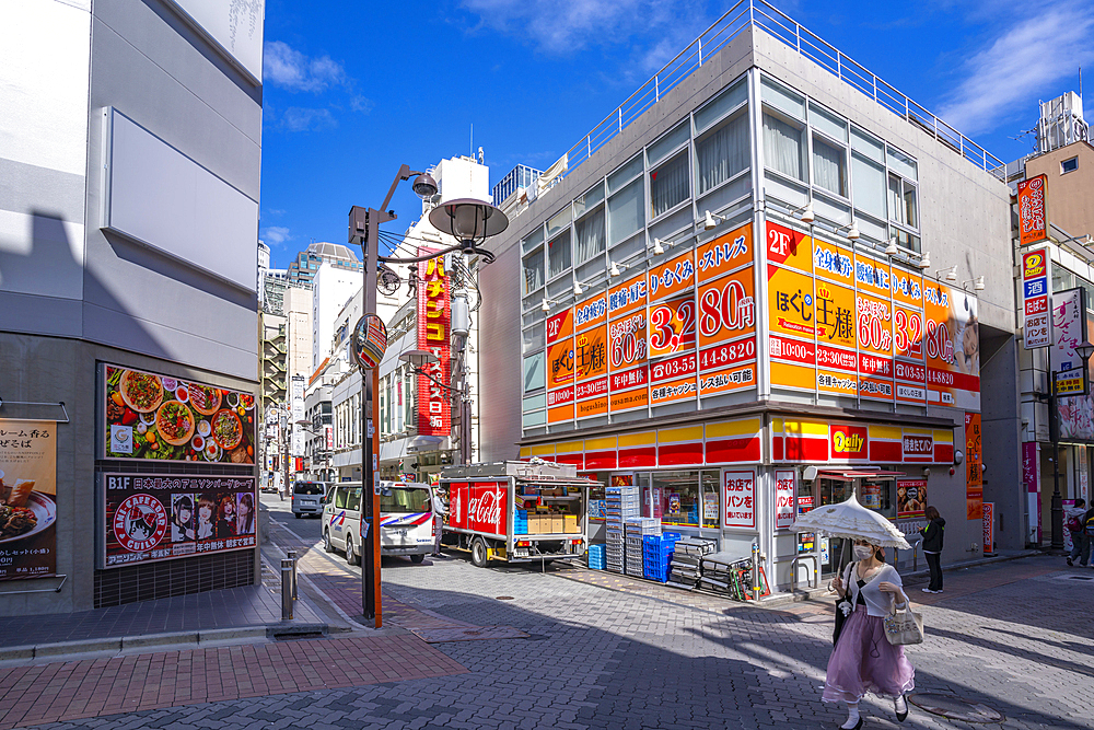 View of colourful store in the Akasaka District of Minato, Minato City, Tokyo, Honshu, Japan