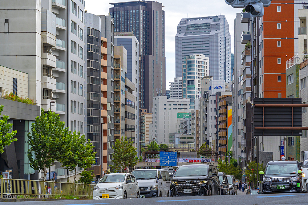 View of traffic and high rise buildings, 5 Chome, Toranomon, Minato City, Tokyo, Japan, Asia