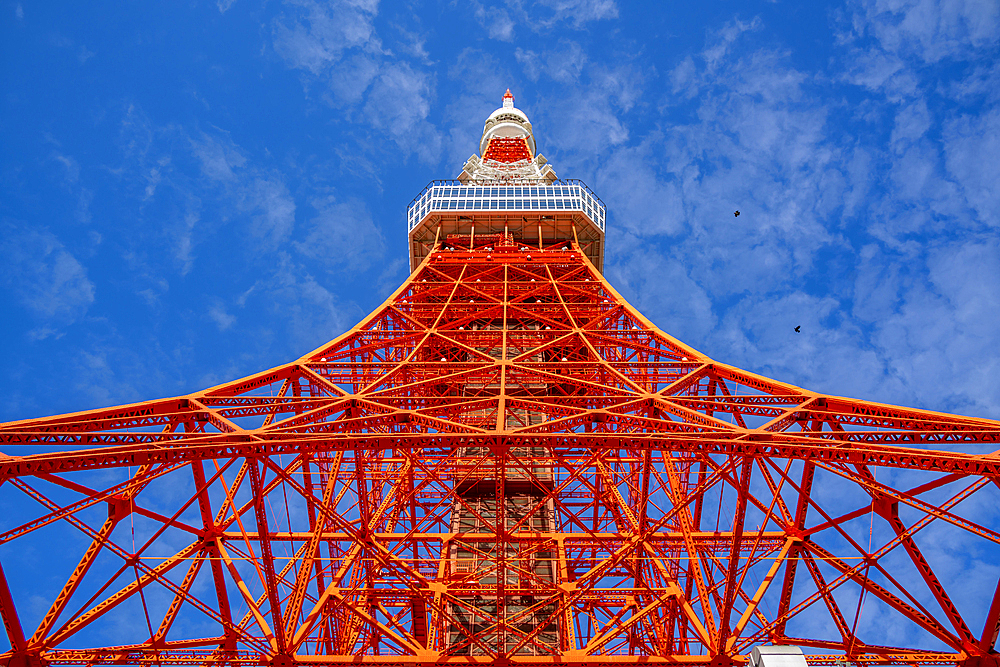 View of Tokyo Tower from its base against blue sky, Shibakoen, Minato City, Tokyo, Japan, Asia