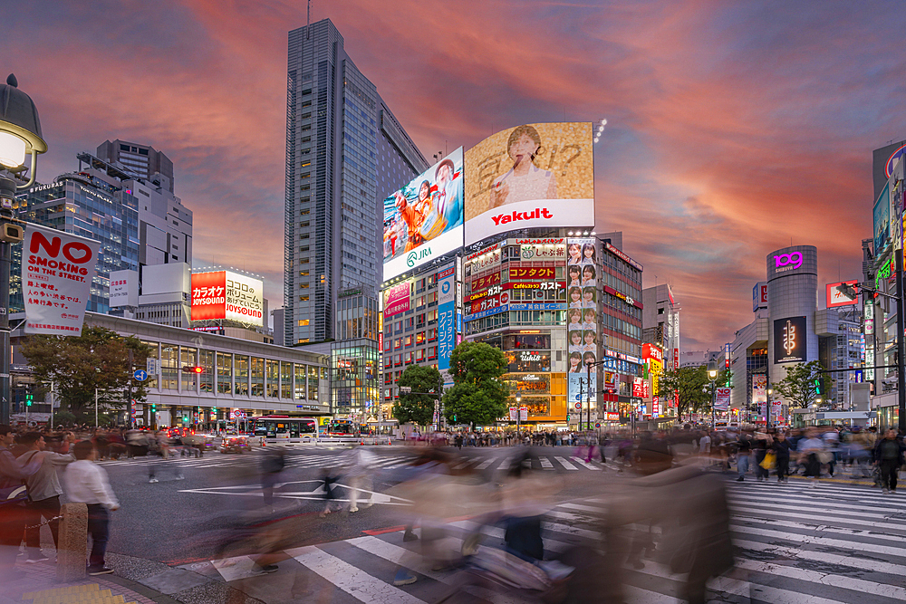 View of people at the world's busiest road crossing, Shibuya Scramble Crossing at sunset, Minato City, Tokyo, Japan, Asia