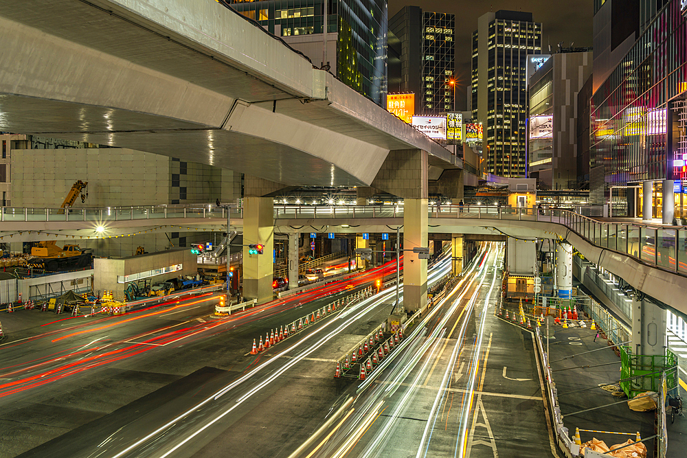 View of buildings and trail lights around Shibuya Station area at night, Shibuya District, Kamiyamacho, Shibuya City, Tokyo, Honshu, Japan