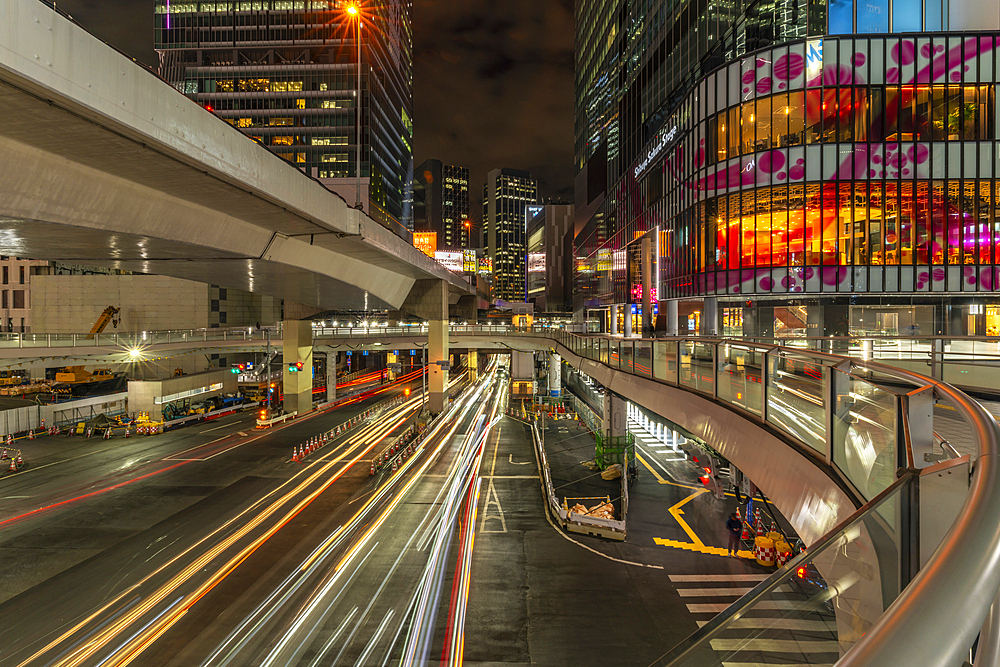 View of buildings and trail lights around Shibuya Station area at night, Shibuya District, Kamiyamacho, Shibuya City, Tokyo, Japan, Asia