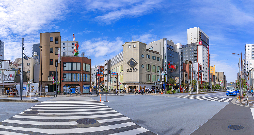 View of shops, buildings and crossings in Asakusa, Taito City, Tokyo, Honshu, Japan