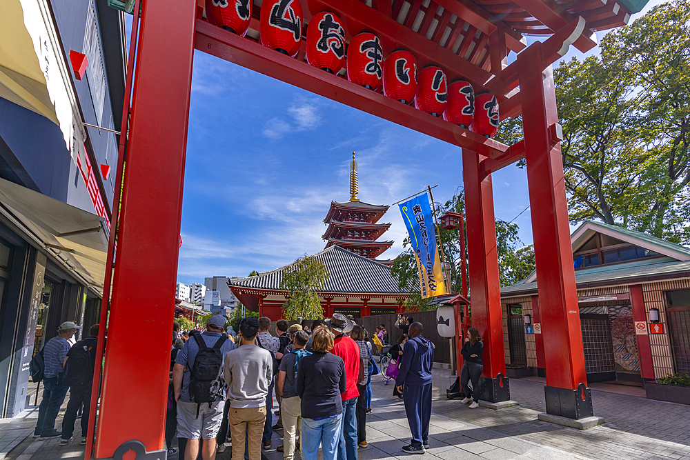 View of Torii gate and Senso-ji Temple visible in background, Asakusa, Taito City, Tokyo, Honshu, Japan