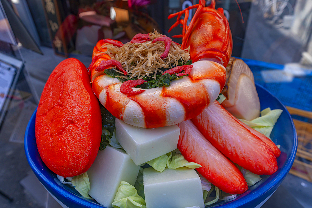 View of large seafood dish outside restaurant in Asakusa, Taito City, Tokyo, Honshu, Japan