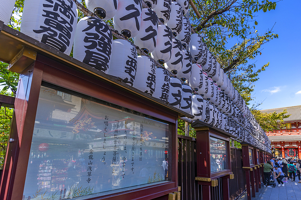 View of lanterns on Nakamise-dori Street, leading to Senso-ji Temple, Asakusa, Taito City, Tokyo, Japan, Asia