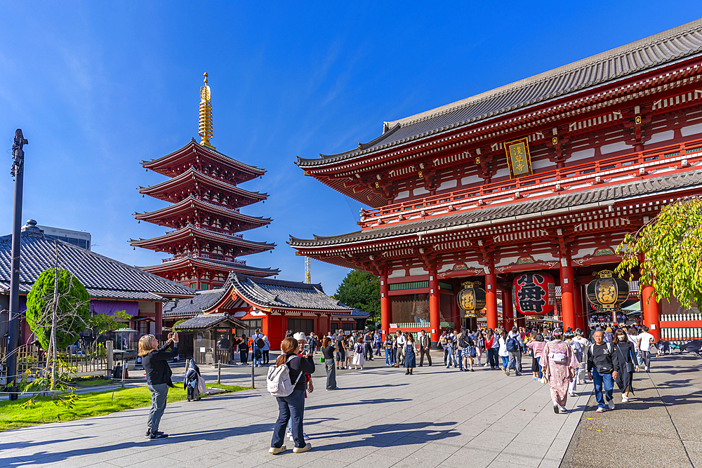 View of pagoda and Senso-ji Hozomon Gate at Senso-ji Temple, Asakusa, Taito City, Tokyo, Honshu, Japan