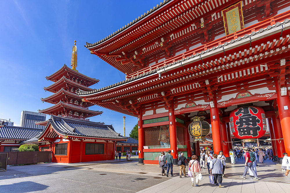 View of pagoda and Senso-ji Hozomon Gate at Senso-ji Temple, Asakusa, Taito City, Tokyo, Honshu, Japan