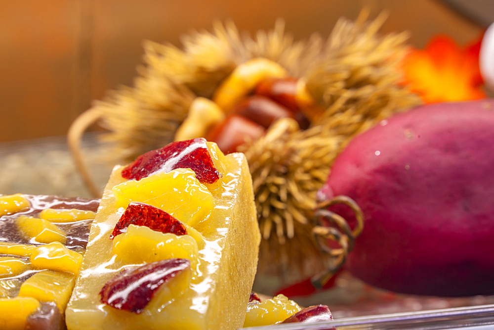 View of traditional Japanese sweets in shop window, Asakusa, Taito City, Tokyo, Japan, Asia