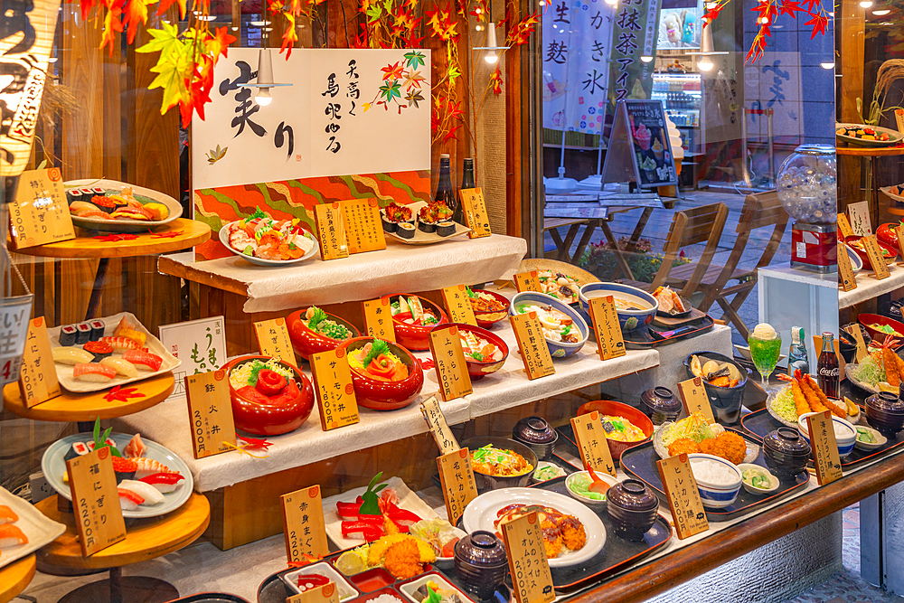 View of traditional Japanese dishes on display in shop window, Asakusa, Taito City, Tokyo, Japan, Asia