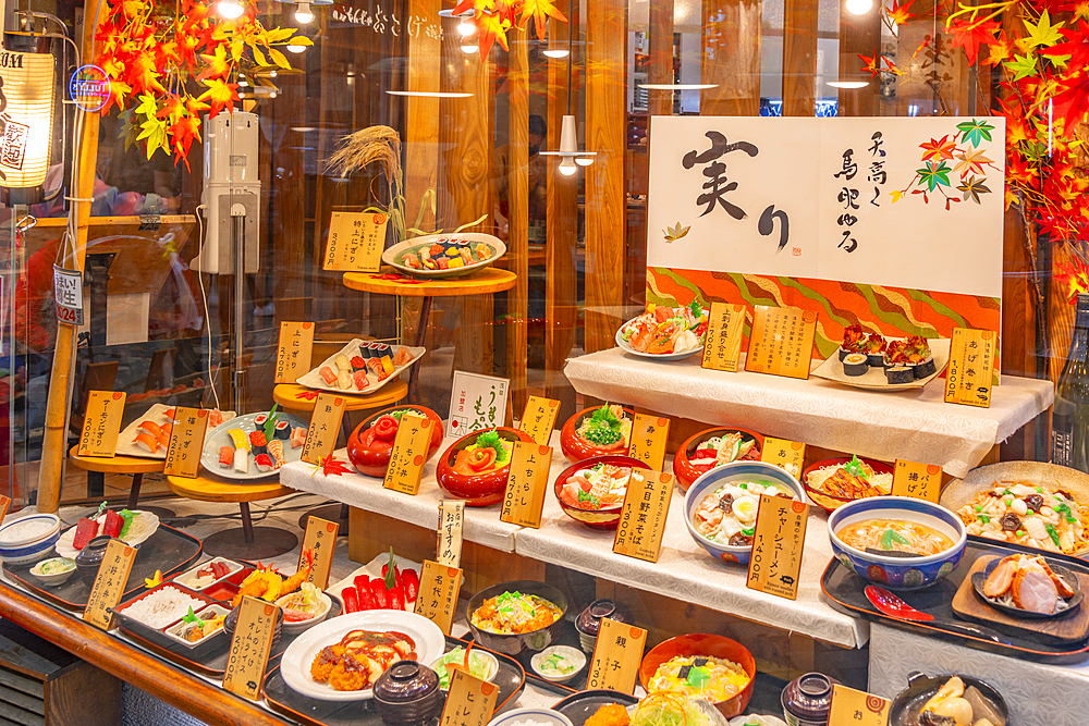 View of traditional Japanese dishes on display in shop window, Asakusa, Taito City, Tokyo, Honshu, Japan