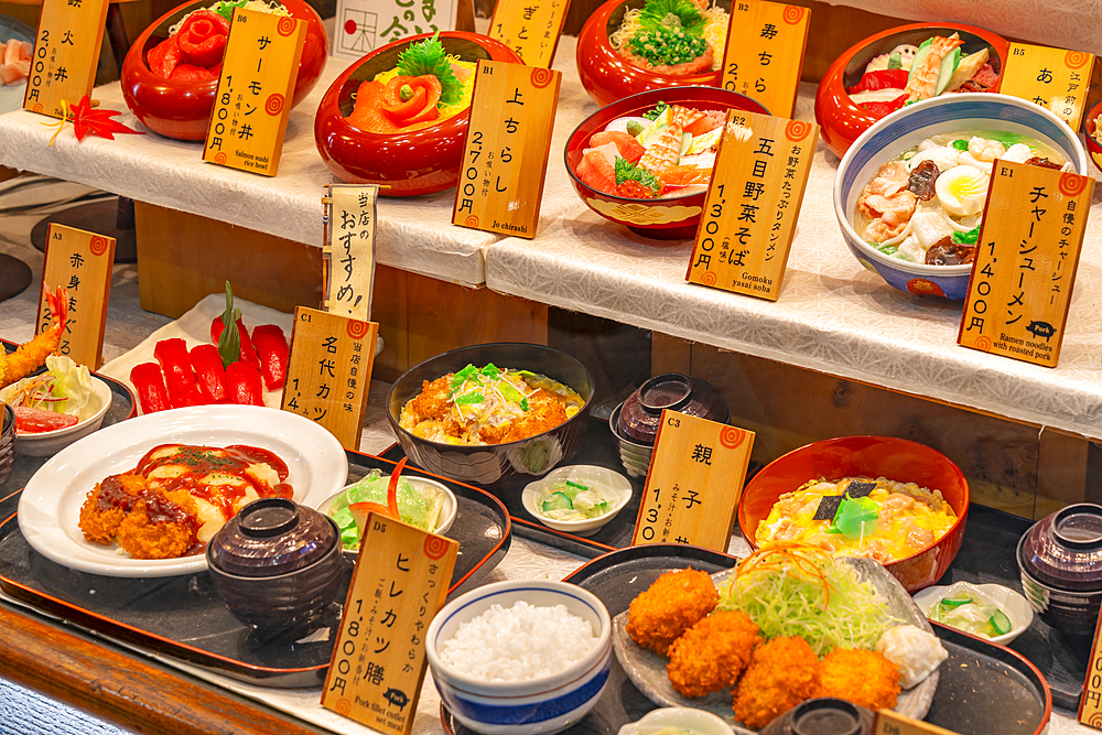 View of traditional Japanese dishes on display in shop window, Asakusa, Taito City, Tokyo, Japan, Asia