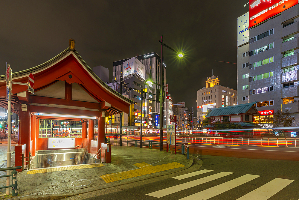 View of subway entrance in Asakusa at night, Asakusa, Taito City, Tokyo, Honshu, Japan