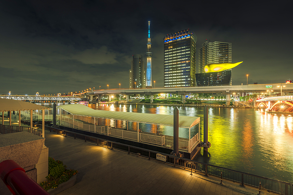 View of Tokyo Skytree, Azuma Bridge and Sumida River at night, Asakusa, Taito City, Tokyo, Honshu, Japan