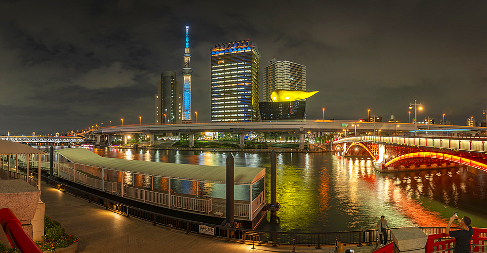 View of Tokyo Skytree, Azuma Bridge and Sumida River at night, Asakusa, Taito City, Tokyo, Honshu, Japan