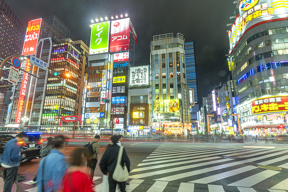 View of Kabukicho neon lit street and crossings at night, Shinjuku City, Kabukicho, Tokyo Japan, Asia