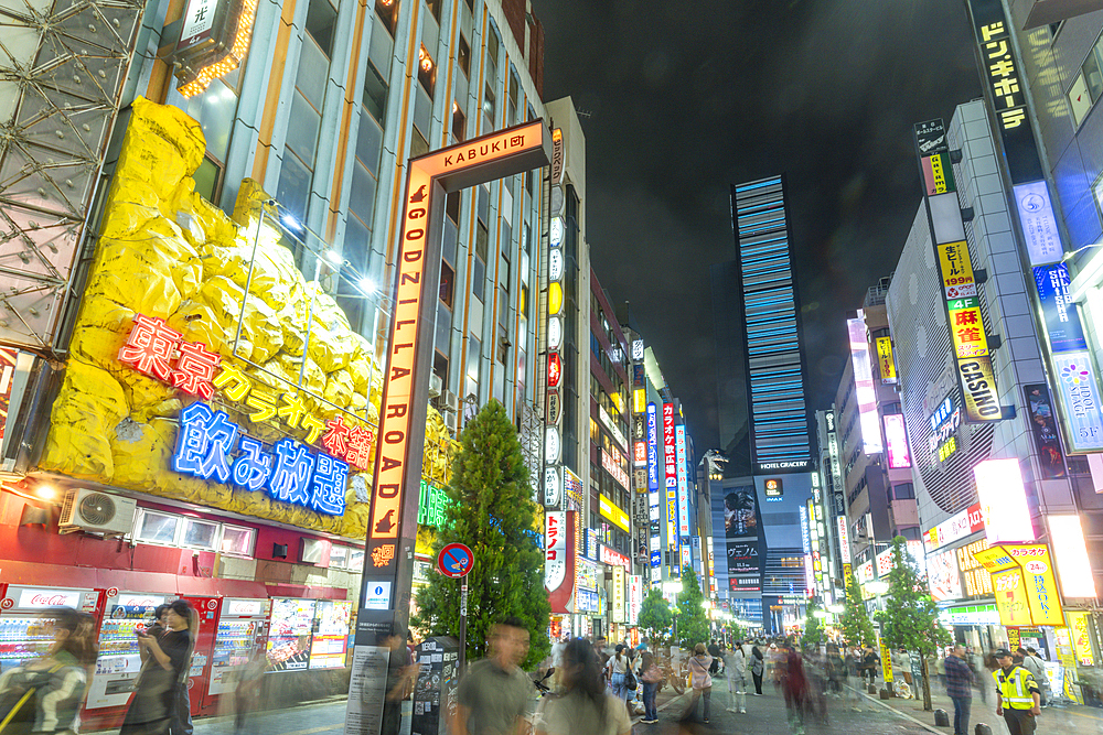 View of Kabukicho neon lit street and crossings at night, Shinjuku City, Kabukicho, Tokyo, Honshu, Japan