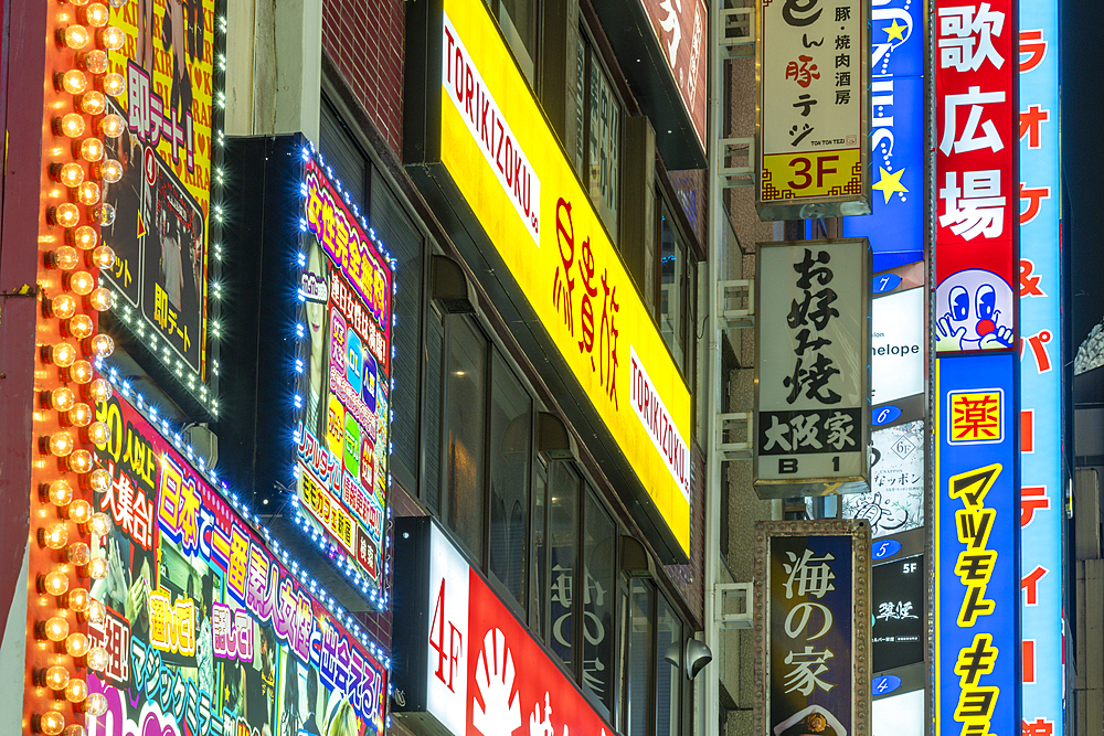 View of Kabukicho neon lit street at night, Shinjuku City, Kabukicho, Tokyo, Honshu, Japan