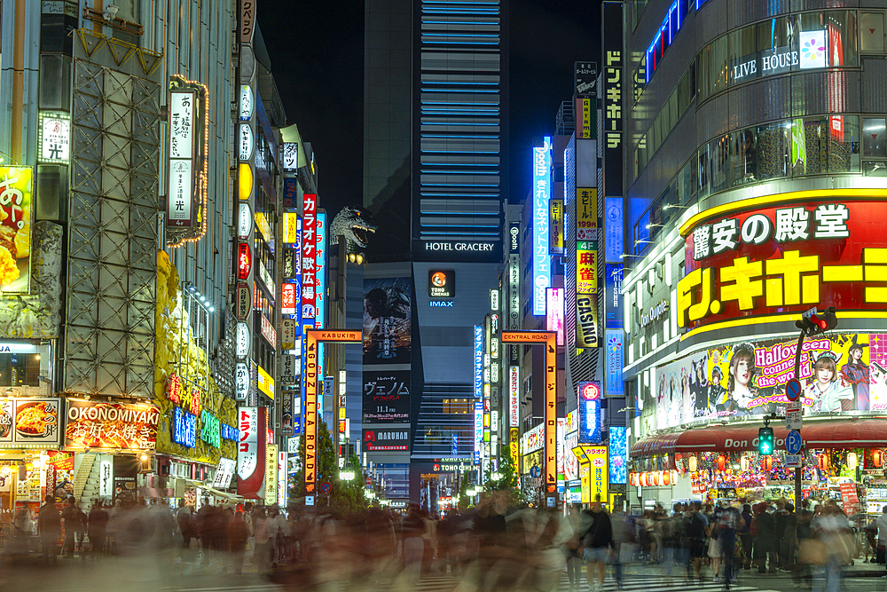 View of Godzilla's head and Kabukicho neon lit street at night, Shinjuku City, Kabukicho, Tokyo Japan, Asia