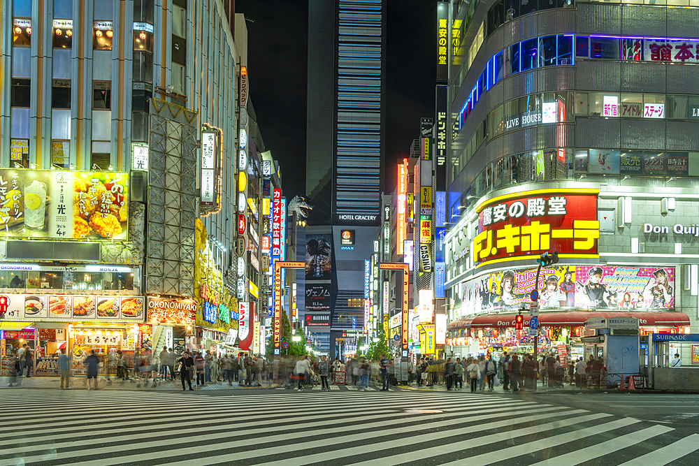 View of Godzilla's head and Kabukicho neon lit street at night, Shinjuku City, Kabukicho, Tokyo, Honshu, Japan