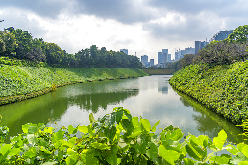 View of city buildings and Sakuradabori Moat of the Imperial Palace, Chiyoda, Tokyo, Honshu, Japan