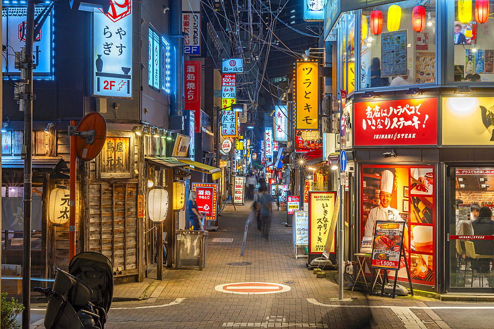 View of neon lights in narrow city street near Tokyo Tower at night, Minato City, Tokyo, Honshu, Japan