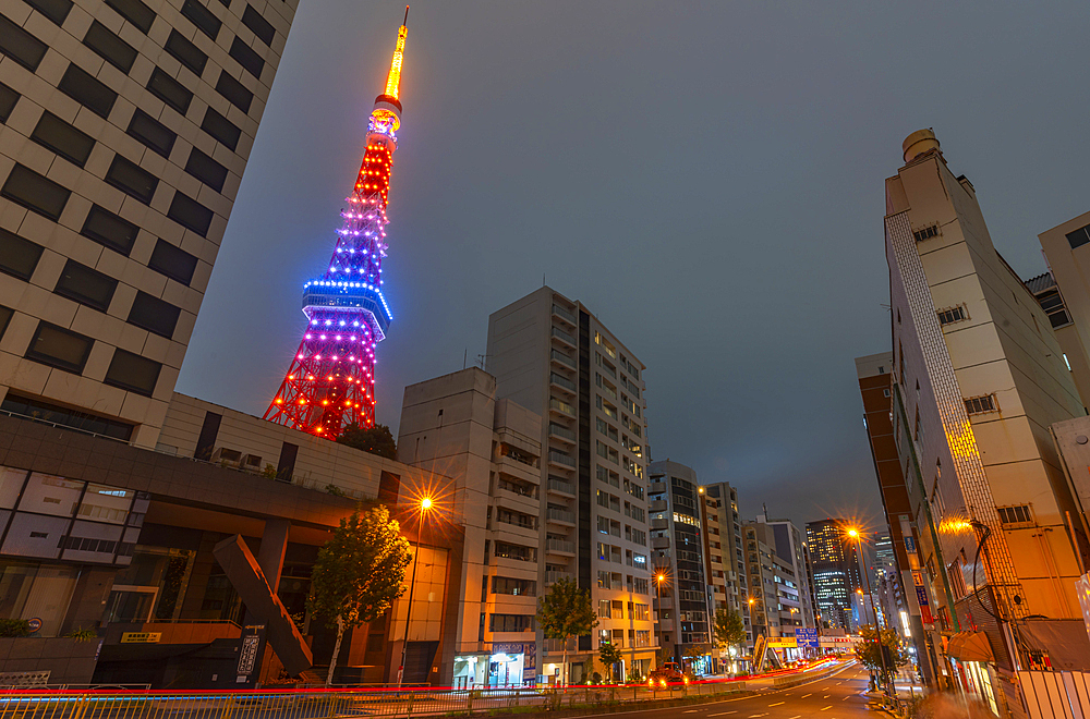 View of Tokyo Tower and city buildings at night, Minato City, Tokyo, Honshu, Japan