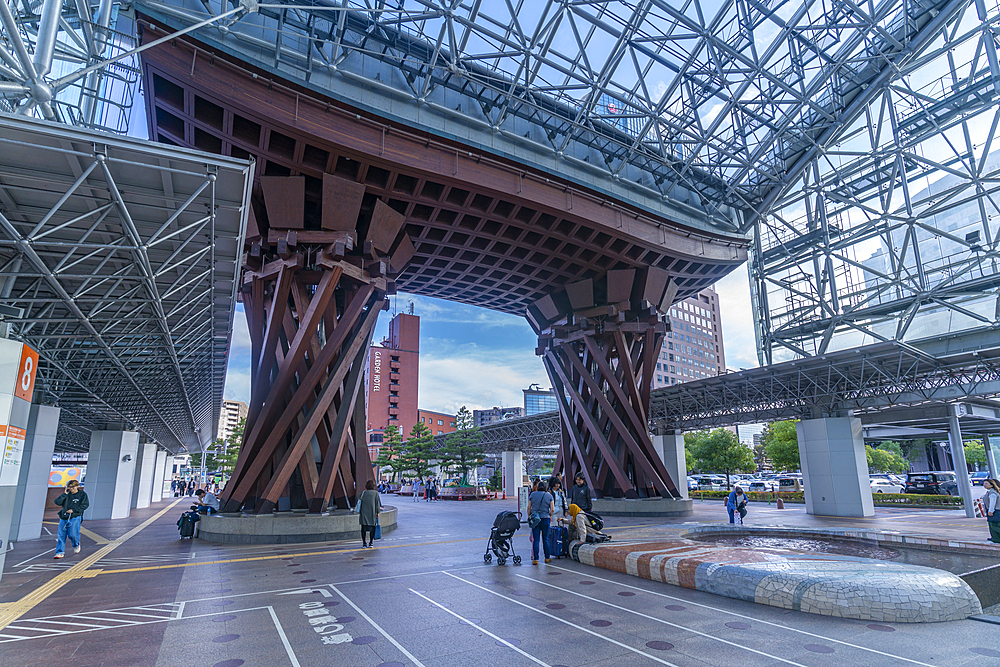 Torii shaped entrance to Kanazawa station, designed by architects Sejima and Nishizawa, Kanazawa City, Ishikawa Prefecture, Honshu, Japan