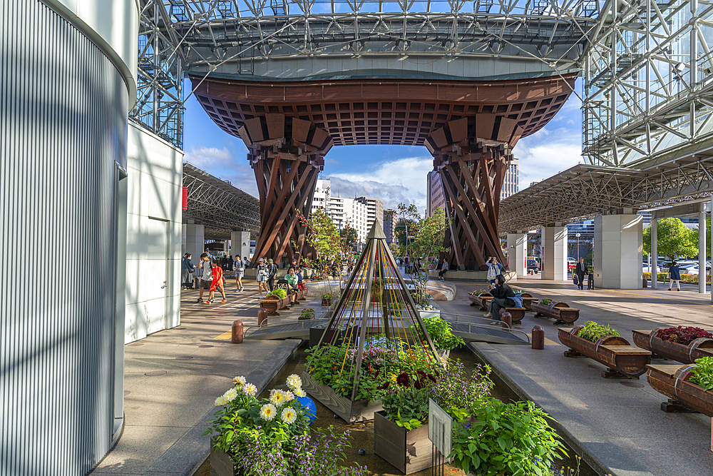 Torii shaped entrance to Kanazawa station, designed by architects Sejima and Nishizawa, Kanazawa City, Ishikawa Prefecture, Honshu, Japan