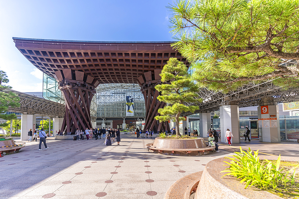 Torii shaped entrance to Kanazawa station, designed by architects Sejima and Nishizawa, Kanazawa City, Ishikawa Prefecture, Honshu, Japan