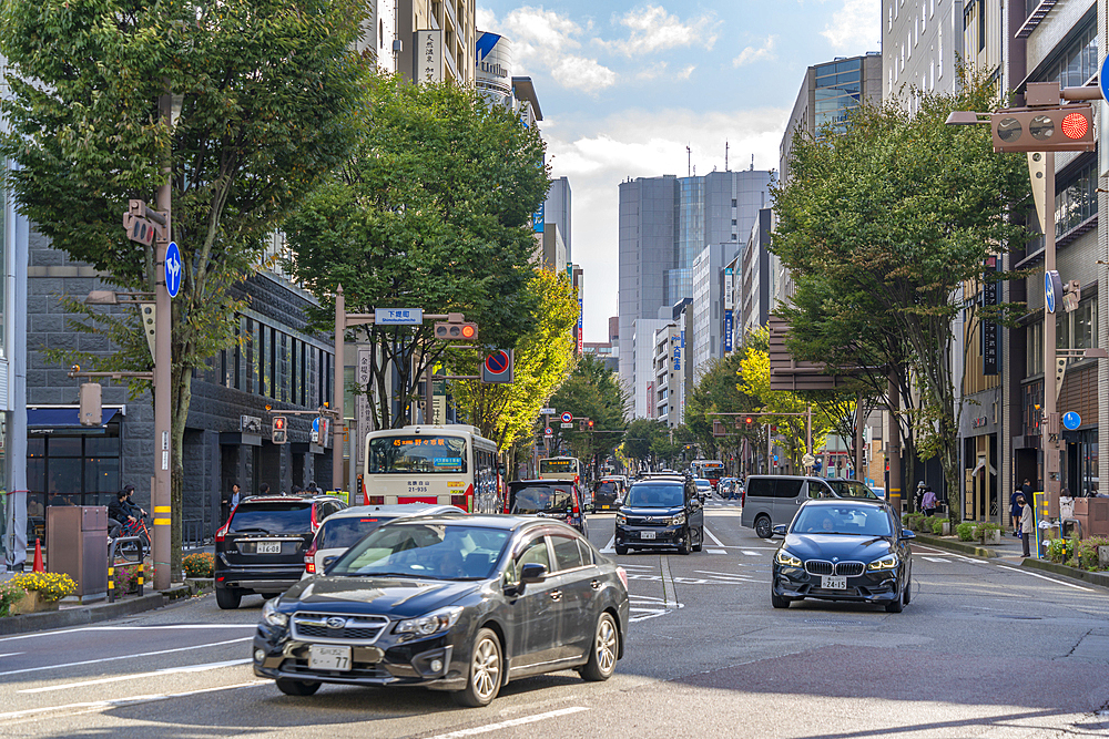 View of street leading to Kanazawa station, Kanazawa City, Ishikawa Prefecture, Honshu, Japan