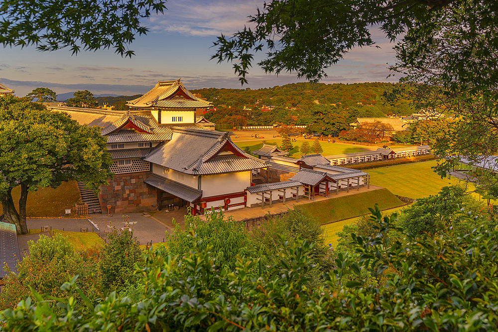 View of Hashizume-mon Gate and garden at sunset, Kanazawa Castle, Kanazawa City, Ishikawa Prefecture, Honshu, Japan