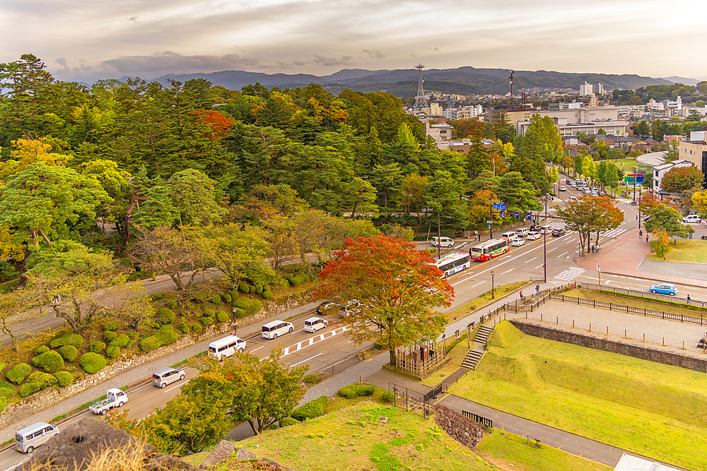 View of Kanazawa from Hommaru-enchi Park at sunset, Kanazawa Castle, Kanazawa City, Ishikawa Prefecture, Honshu, Japan