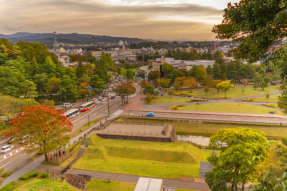 View of Kanazawa from Hommaru-enchi Park at sunset, Kanazawa Castle, Kanazawa City, Ishikawa Prefecture, Honshu, Japan, Asia