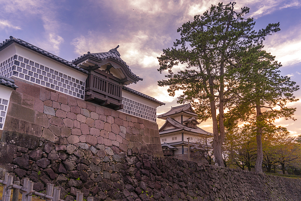 View of Hishi Yagura at sunset, Kanazawa Castle, Kanazawa City, Ishikawa Prefecture, Honshu, Japan