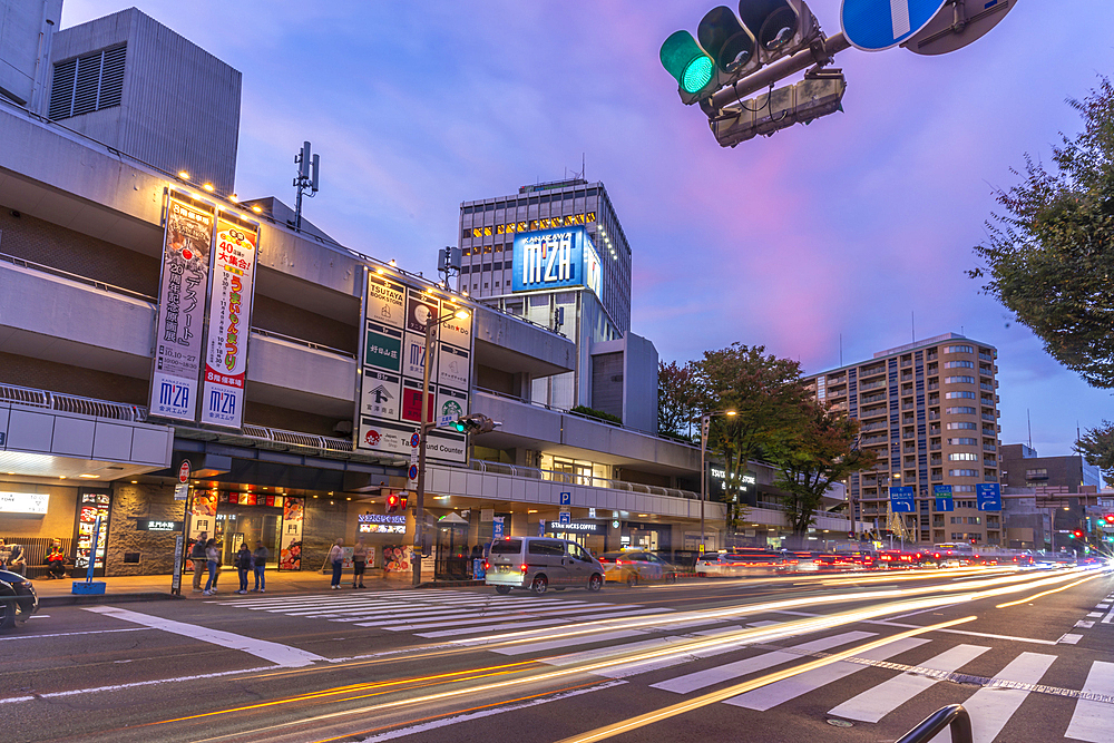 View of shops and restaurants at dusk, Kanazawa City, Ishikawa Prefecture, Honshu, Japan