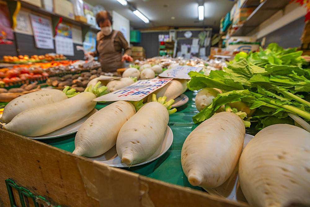 View of fresh vegetables on stall in Omicho Market, Kanazawa City, Ishikawa Prefecture, Honshu, Japan