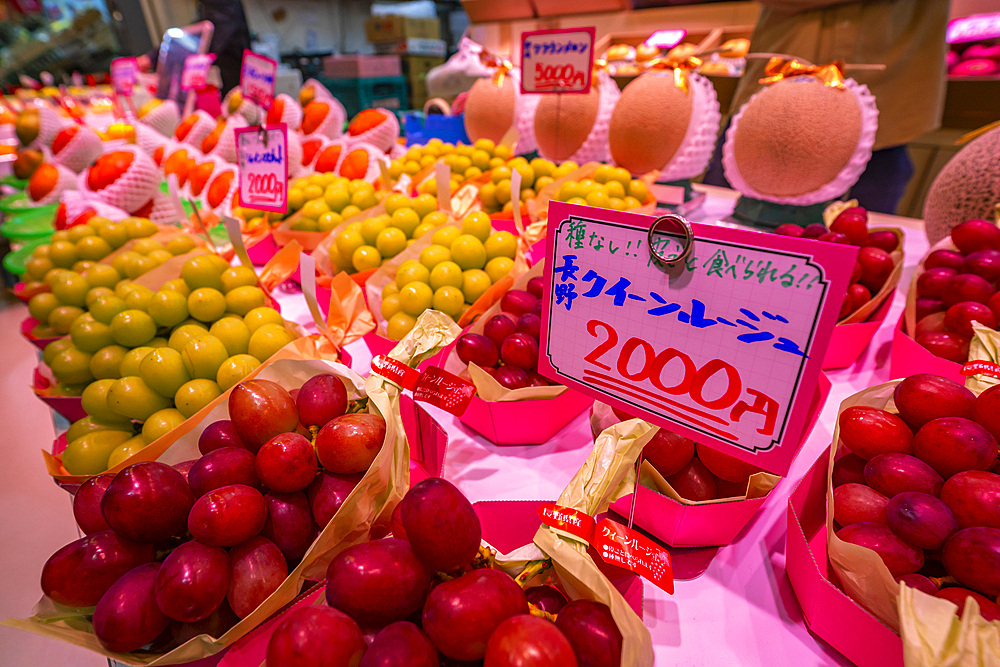 View of fresh fruit on stall in Omicho Market, Kanazawa City, Ishikawa Prefecture, Honshu, Japan, Asia