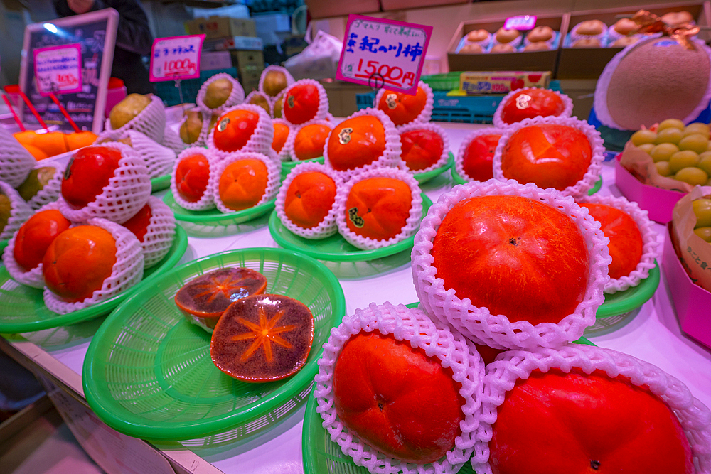 View of fresh fruit on stall in Omicho Market, Kanazawa City, Ishikawa Prefecture, Honshu, Japan, Asia