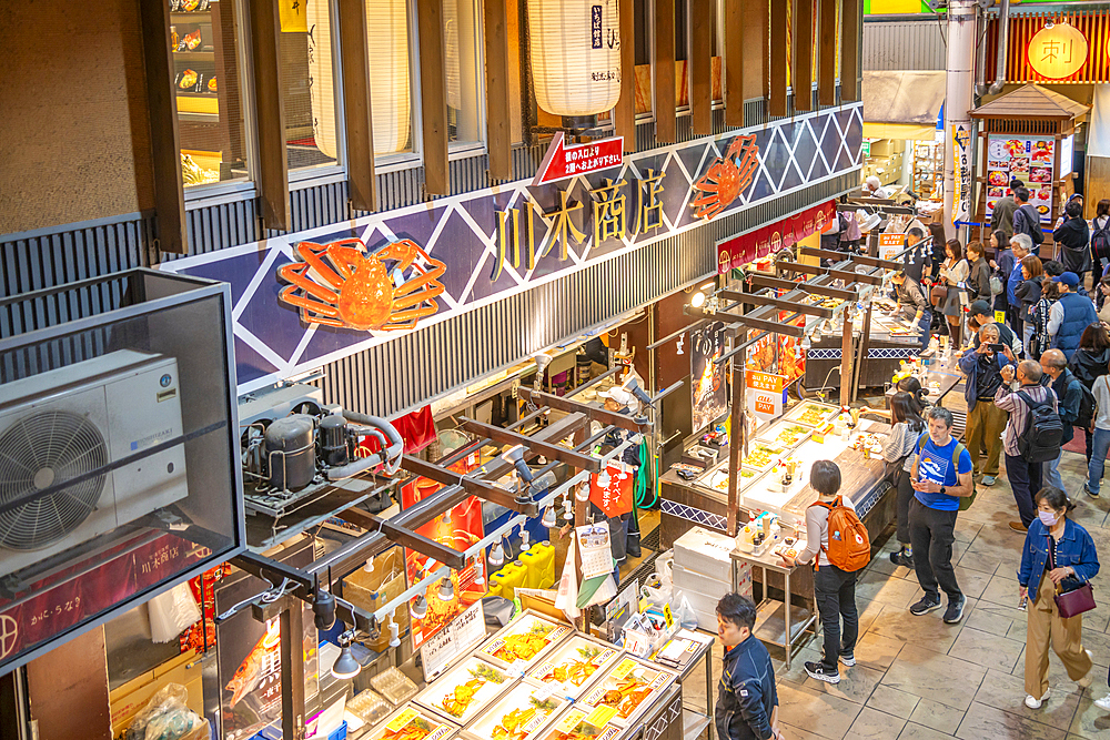 Elevated view of stalls and people in Omicho Market, Kanazawa City, Ishikawa Prefecture, Honshu, Japan