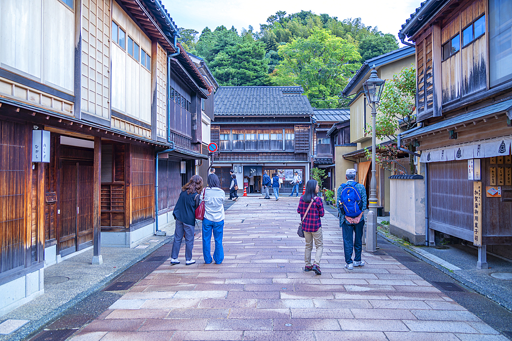 View of traditional dark wood buildings in the Higashi Chaya District, Kanazawa City, Ishikawa Prefecture, Honshu, Japan