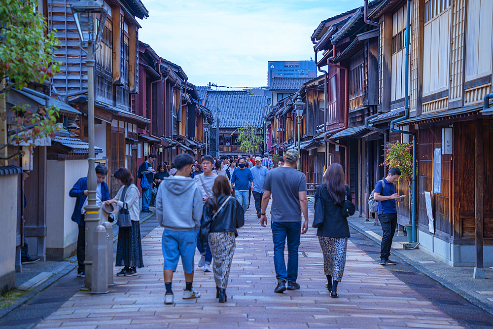 View of traditional dark wood buildings in the Higashi Chaya District, Kanazawa City, Ishikawa Prefecture, Honshu, Japan