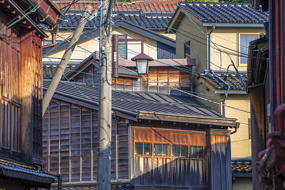 View of traditional dark wood building in the Higashi Chaya District, Kanazawa City, Ishikawa Prefecture, Honshu, Japan