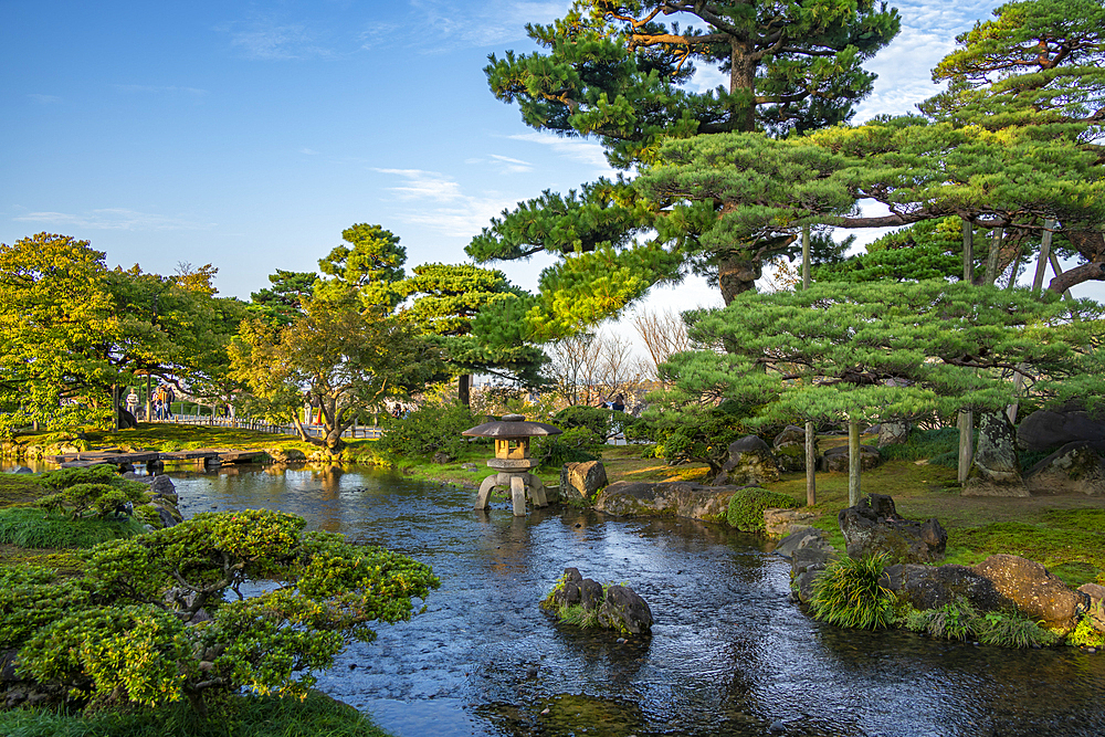 View of Japanese stone lantern in Kenrokumachi Japanese Garden, Kanazawa City, Ishikawa Prefecture, Honshu, Japan, Asia