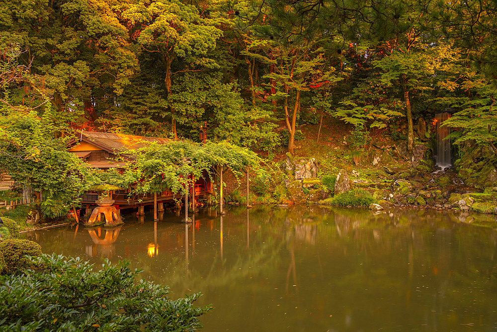 View of Hisago-ike Pond and waterfall in Kenrokumachi Japanese Garden, Kanazawa City, Ishikawa Prefecture, Honshu, Japan, Asia