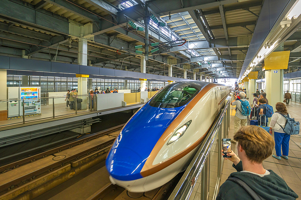 View of bullet train in Kanazawa Station, Kanazawa City, Ishikawa Prefecture, Honshu, Japan