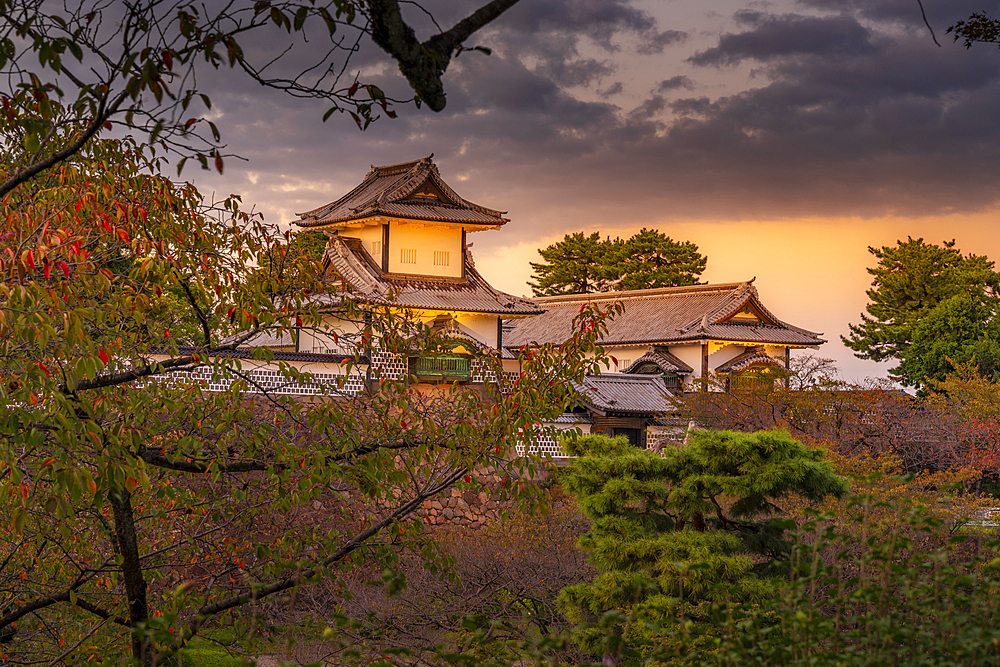 View of Nezumita-mon Gate, entrance to Kanazawa Castle and Park at sunset, Kanazawa City, Ishikawa Prefecture, Honshu, Japan