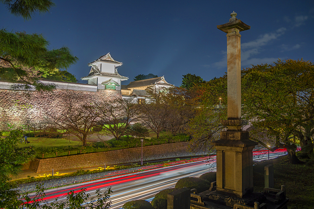 View of Nezumita-mon Gate, entrance to Kanazawa Castle and Park at dusk, Kanazawa City, Ishikawa Prefecture, Honshu, Japan, Asia