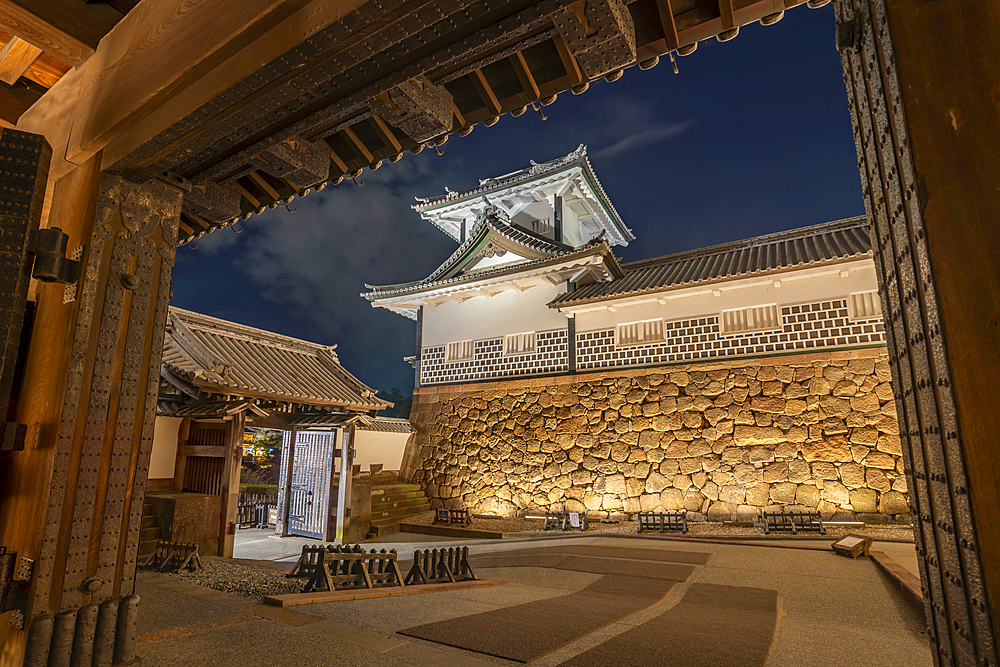 View of Nezumita-mon Gate, entrance to Kanazawa Castle and Park at dusk, Kanazawa City, Ishikawa Prefecture, Honshu, Japan, Asia