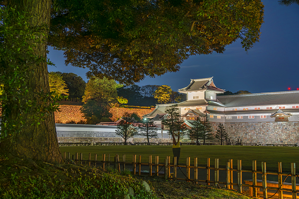 View of Gojikken Nagaya-Kanazawa Castle at dusk, Kanazawa City, Ishikawa Prefecture, Honshu, Japan